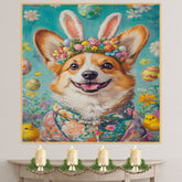 Corgi Wearing Colorful Easter Costume, Cute Pet Portrait for Spring Home Decor, Holiday Gifts for Dog Lovers, Dog Wall Art on Canvas Wrap, Framed Print, or Rolled Artwork